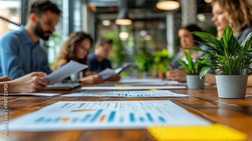 business professionals gathered around a table, showcasing teamwork and collaboration. Hands point to documents and charts, symbolizing strategy, decision-making, and cooperation in a corporate enviro