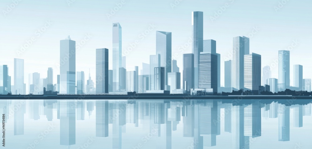 Fototapeta premium Abstract Vector Illustration of Modern Cityscape with Skyscrapers and Buildings Along a River, Set Against a Light Blue Background.
