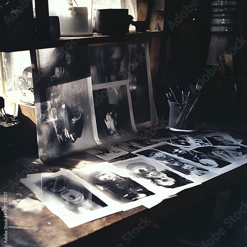 Vintage photo development process with black and white prints on a wooden table in a dimly lit darkroom. photo