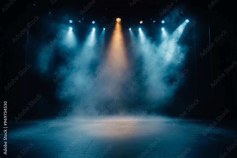 Obraz premium Spotlit stage with fog in a theater setting during a product presentation