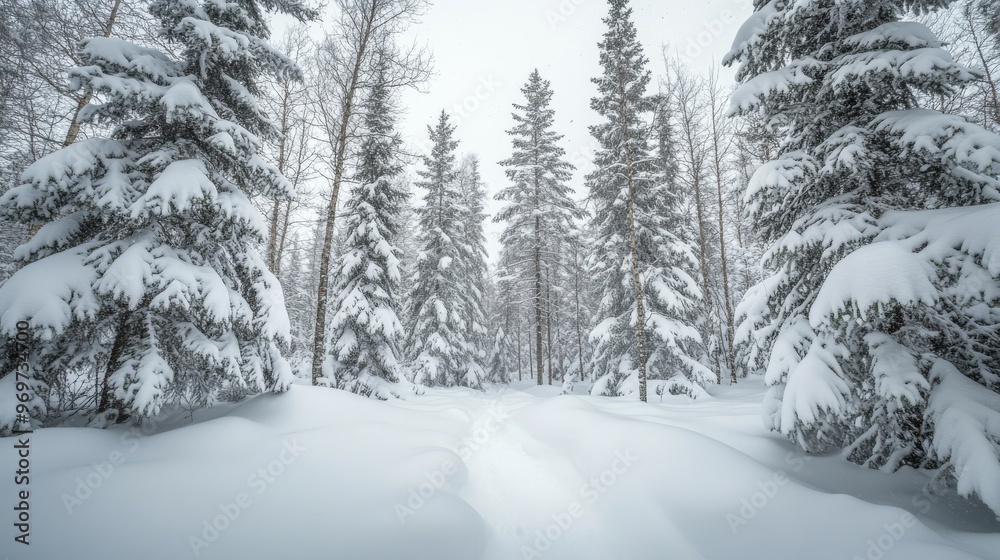 A serene winter morning unfolds with a snow-covered path winding through tall evergreen trees, their branches heavy with fresh snow, creating a tranquil atmosphere A serene winter morning unfolds with a snow-covered path winding through tall evergreen trees, their branches heavy with fresh snow, creating a tranquil atmosphere