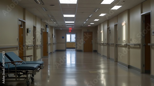 Empty Corridor with Doors and Handrails in saudi arabian Hospital