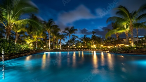 A calm evening unfolds at a tropical resort pool, illuminated by soft lights. Lush palm trees frame the sparkling water, creating an inviting atmosphere for relaxation