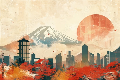 Futuristic cityscape with mt. fuji and red sun photo