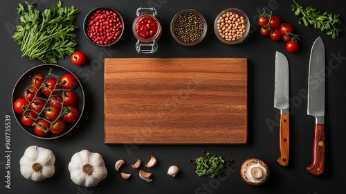 Overhead Flatlay Rustic Wooden Cutting Board with Ingredients for a Delicious Meal on Black Background 149 characters photo