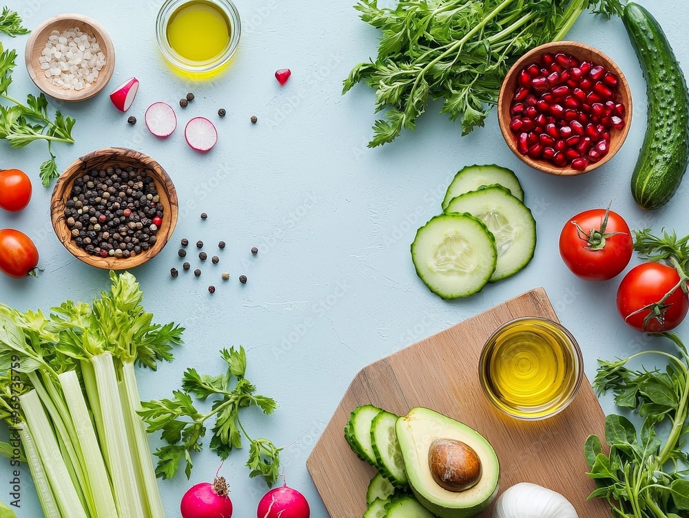 A Flat Lay of Fresh Ingredients for a Salad on a Blue Background with a Focus on the Empty Center Space A Flat Lay of Fresh Ingredients for a Salad on a Blue Background with a Focus on the Empty Center Space