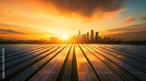 Sunlight glimmers off solar panels in a field as the sun sets behind a city skyline, creating a stunning contrast of nature and urban development during twilight