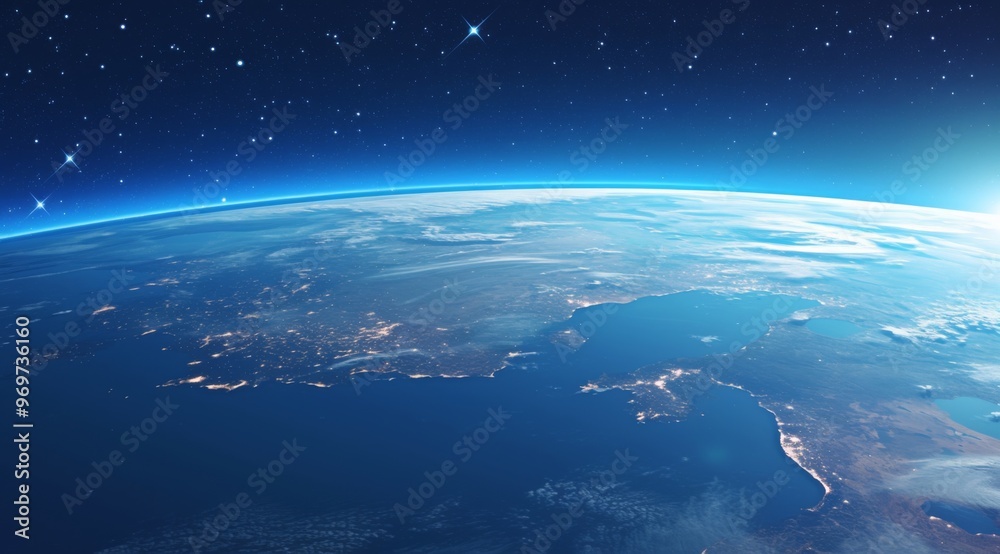 Obraz premium View of Earth from Space Featuring Blue Oceans and Green Landmasses with Stars in the Black Sky Above