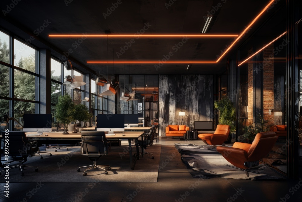 Contemporary coworking spaces featuring functional desks, soft lighting, and minimalist decor Contemporary coworking spaces featuring functional desks, soft lighting, and minimalist decor