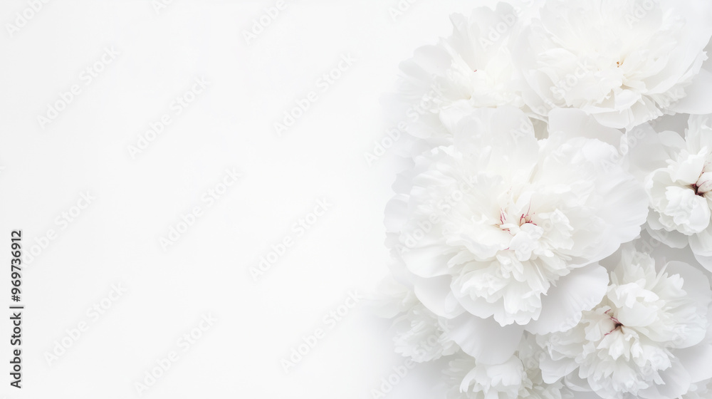 White peonies background, white flowers on the right side White peonies background, white flowers on the right side