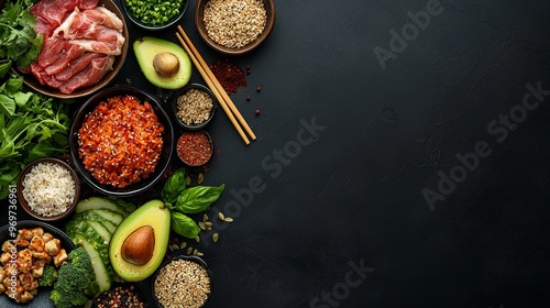 Asianinspired Food Composition Bowls of rice meat avocado and spices arranged on a black background with chopsticks photo