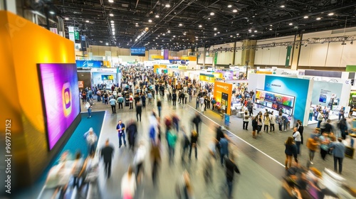 A diverse crowd moves through an expansive exhibition hall, exploring numerous vendor booths and networking at an annual trade show, showcasing vibrant displays and presentations