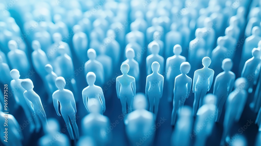 Obraz premium Abstract Crowd of Wireframe Figures in Blue Hues