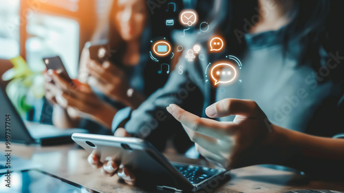 A woman utilizing omnichannel communication, seamlessly interacting across multiple platforms like phone, email, chat, and social media to enhance connectivity and customer engagement.