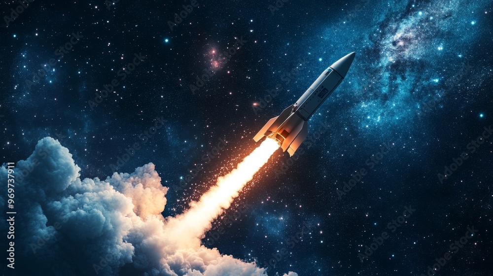 Naklejka premium A rocket soaring into space, leaving trails of smoke against a starry night sky