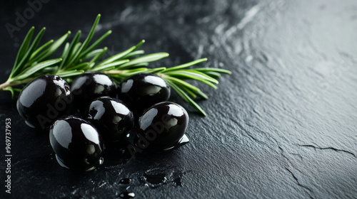 Black olives, including tasty Bella di Cerignola olives from Italy, and a sprig of rosemary are arranged on a black countertop. This image could be used for a food ad, with space for your message. photo