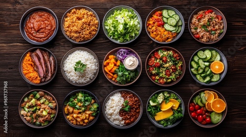 Overhead View of Colorful Bowls with Various Foods on Rustic Wood Healthy Eating Concept