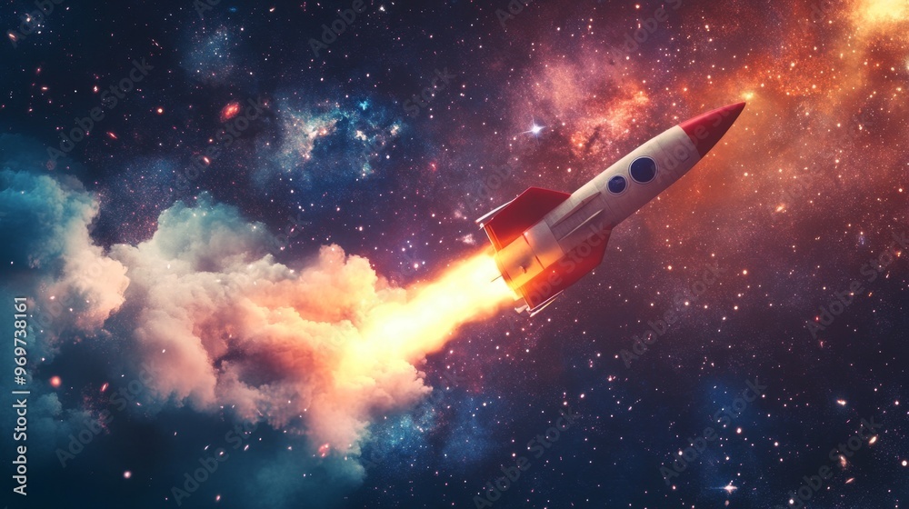 Rocket launches into the cosmos showcasing sustainable development in a retro style Rocket launches into the cosmos showcasing sustainable development in a retro style