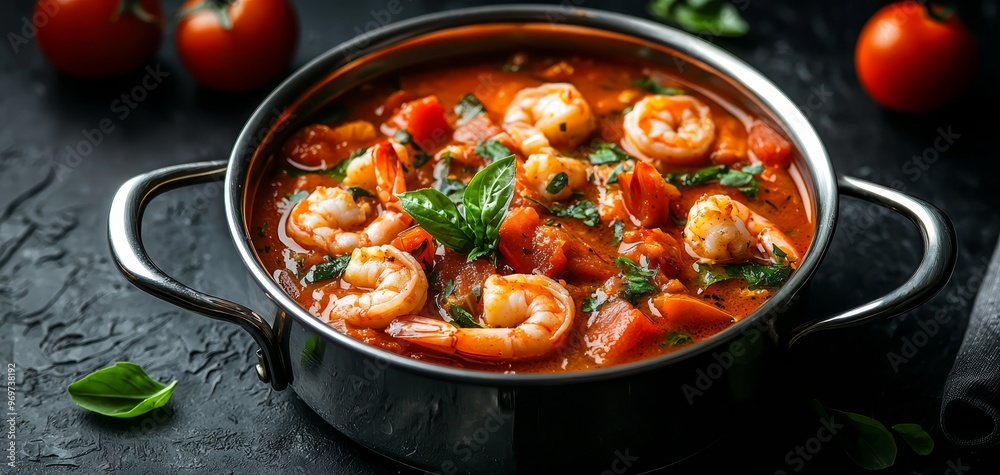 CloseUp of a Spicy Shrimp and Tomato Stew in a Silver Pot on a Black Background with Basil Garnish CloseUp of a Spicy Shrimp and Tomato Stew in a Silver Pot on a Black Background with Basil Garnish
