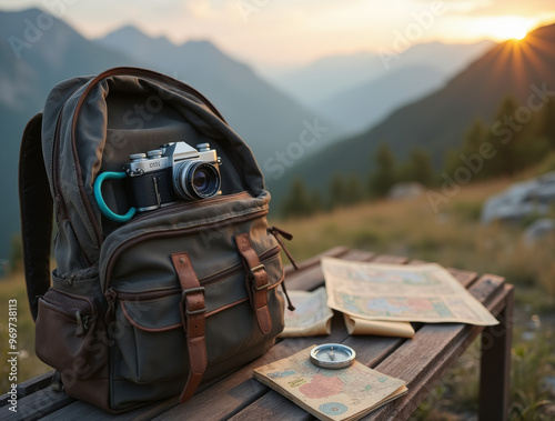 Rucksack mit Kamera und Notizbuch in natürlicher Umgebung photo