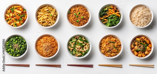 Overhead View of Diverse Asian Dishes with Chopsticks on White Background A Culinary Symphony of Flavors and Textures