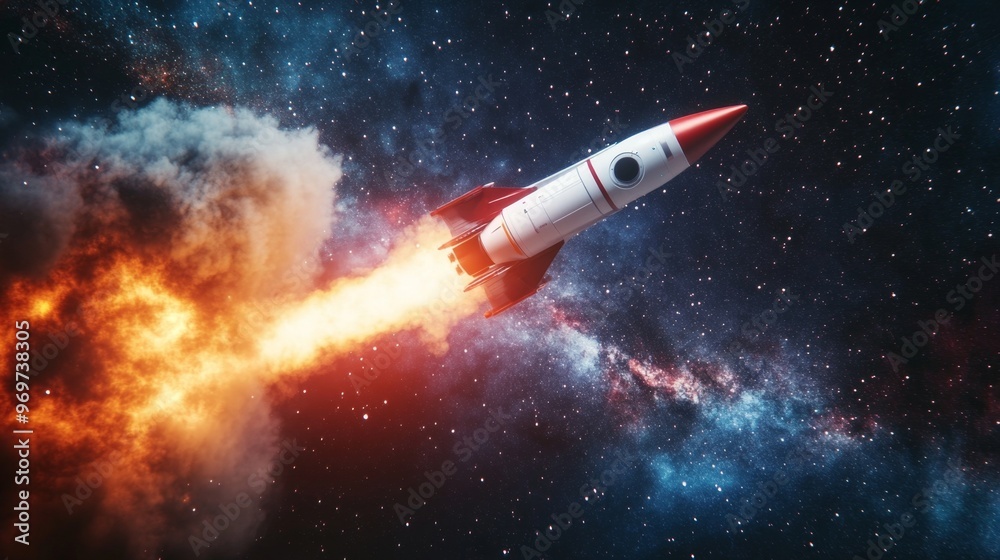 Space rocket soaring through galaxies, promoting sustainable development and innovation Space rocket soaring through galaxies, promoting sustainable development and innovation