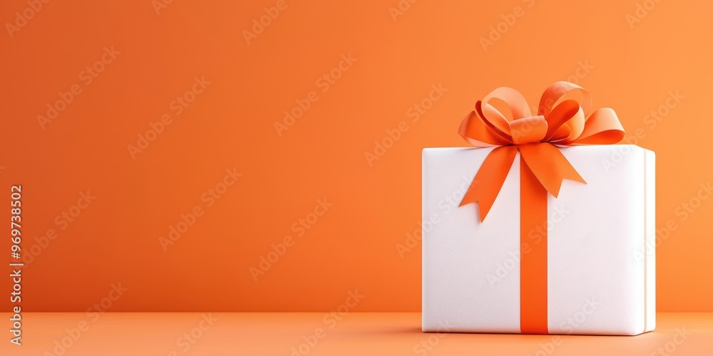 A beautifully wrapped white gift box with an orange ribbon against a vibrant orange background, perfect for celebrations. 3D A beautifully wrapped white gift box with an orange ribbon against a vibrant orange background, perfect for celebrations. 3D