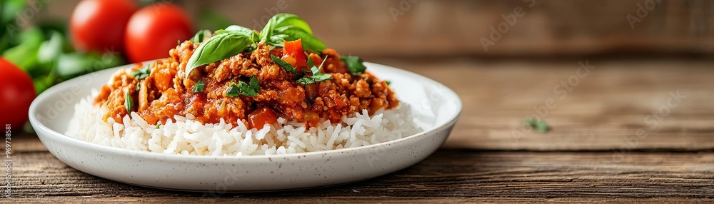 Closeup of Ground Meat Tomato Sauce on Rice with Basil Garnish Rustic Wooden Table Background Closeup of Ground Meat Tomato Sauce on Rice with Basil Garnish Rustic Wooden Table Background