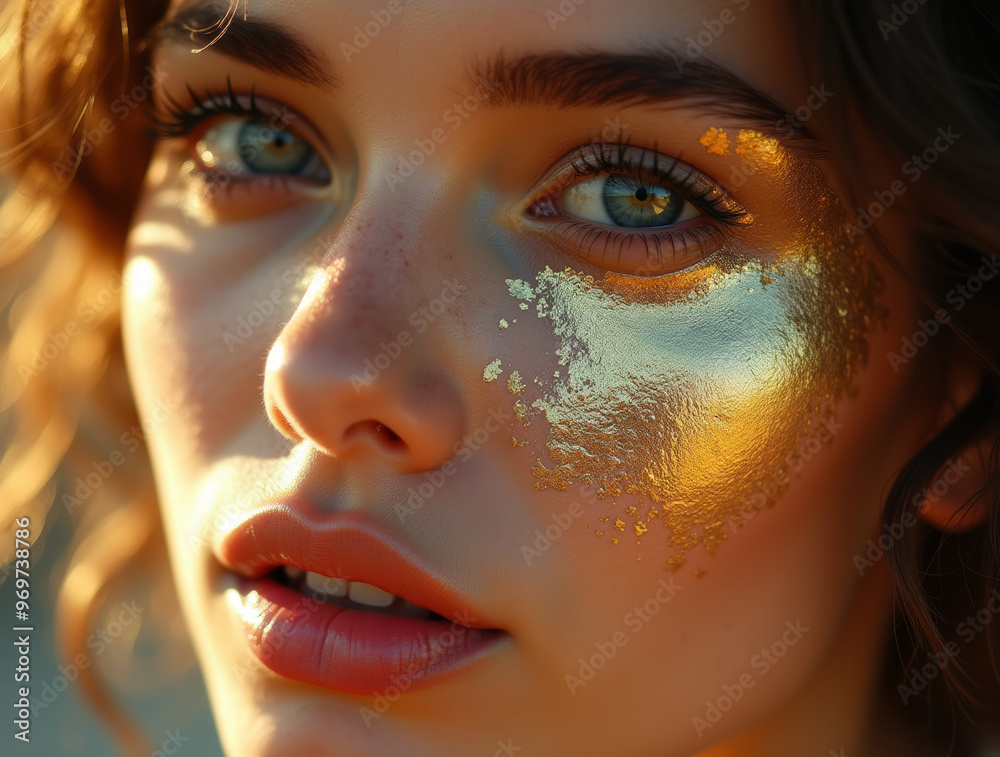goldene Gesichtsbemalung, Portrait einer Frau goldene Gesichtsbemalung, Portrait einer Frau
