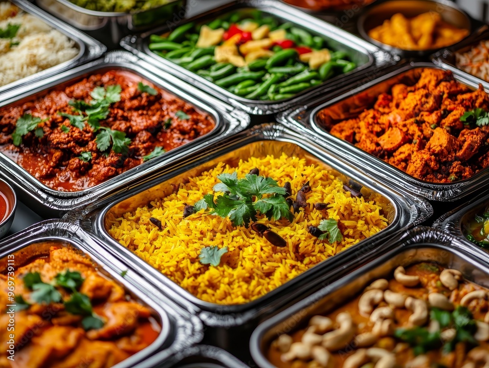 Overhead View of Indian Food Dishes in Aluminum Containers featuring Turmeric Rice Chicken Curry and Cashew Curry Overhead View of Indian Food Dishes in Aluminum Containers featuring Turmeric Rice Chicken Curry and Cashew Curry