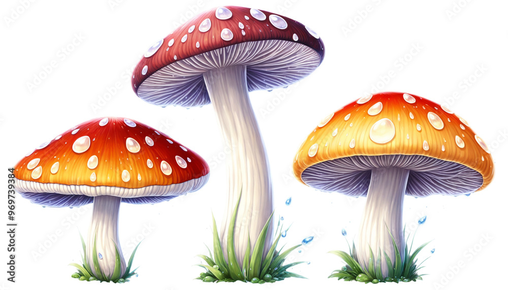 Red Mushroom with White Spots on Green Grass on a transparent background
