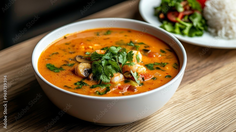 Closeup of Tom Kha Gai a Thai soup with shrimp mushrooms and cilantro on a wooden table Closeup of Tom Kha Gai a Thai soup with shrimp mushrooms and cilantro on a wooden table