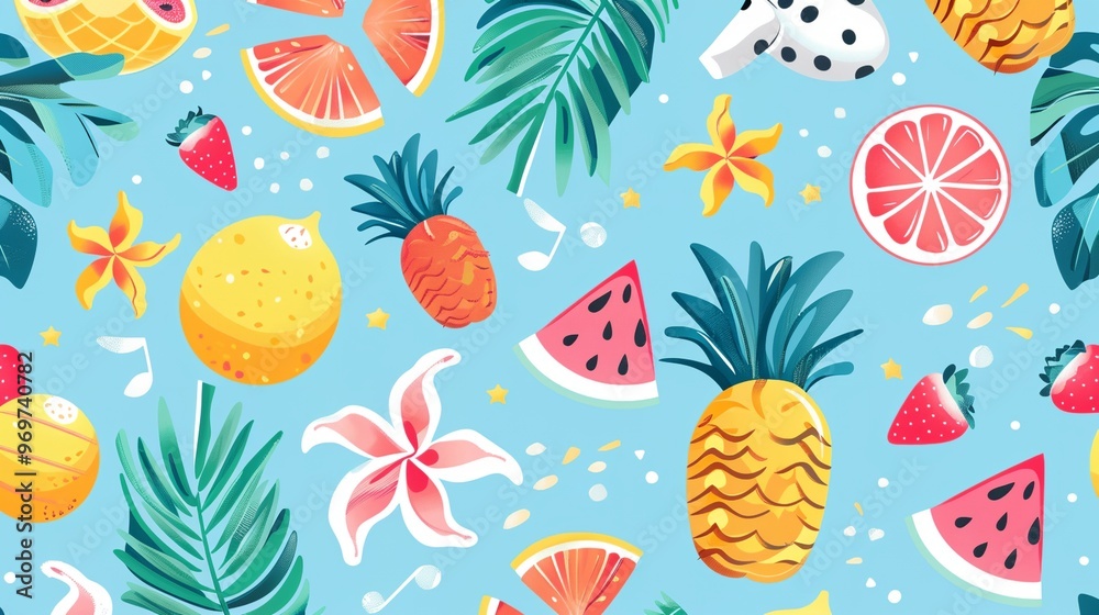 a blue background with a bunch of fruit and leaves on it a blue background with a bunch of fruit and leaves on it
