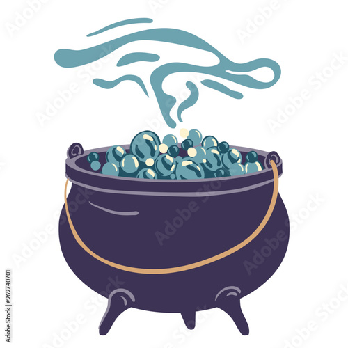 Witch black cauldron, magic pot with potion. Vector steel cauldron with boiling magical brew or steaming slime. Wizard, evil sorceress or magician tool, cartoon teapot with poison.