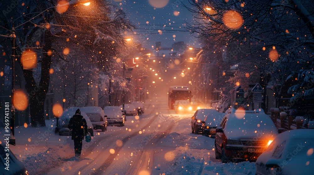 a person walking down a snowy street at night a person walking down a snowy street at night