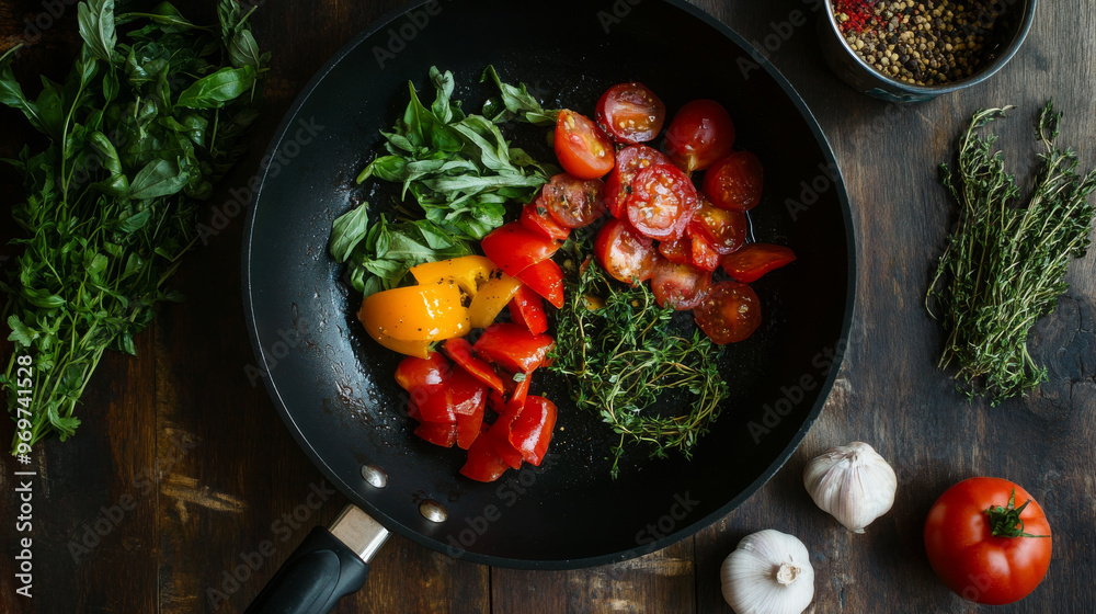 Fresh ingredients ready to be cooked in a frying pan. Fresh ingredients ready to be cooked in a frying pan.