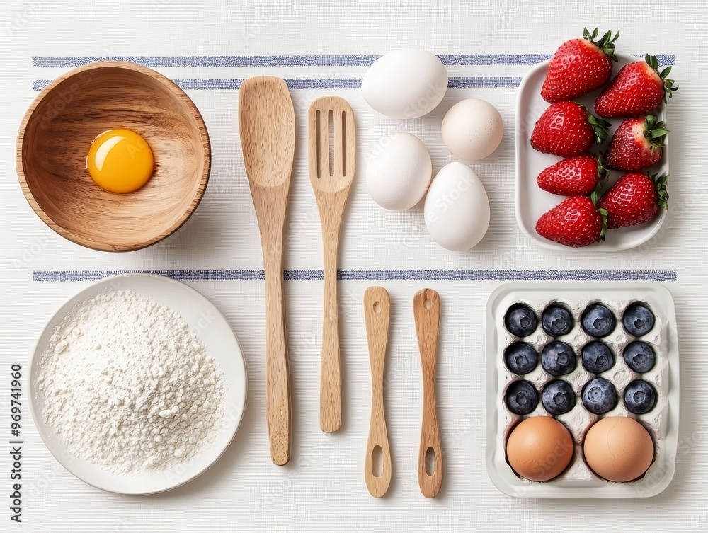 Flatlay of Kitchen Ingredients Wooden Utensils Flour Eggs Strawberries and Blueberries on White Background Flatlay of Kitchen Ingredients Wooden Utensils Flour Eggs Strawberries and Blueberries on White Background