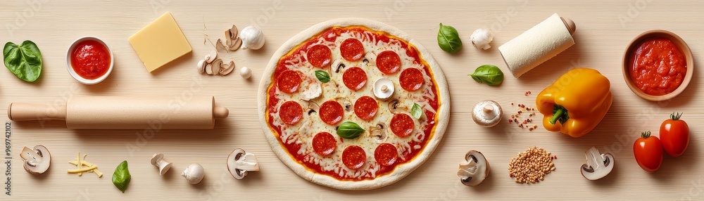 Flatlay of Pizza Ingredients Pepperoni Mushrooms Basil and More on Wood Flatlay of Pizza Ingredients Pepperoni Mushrooms Basil and More on Wood