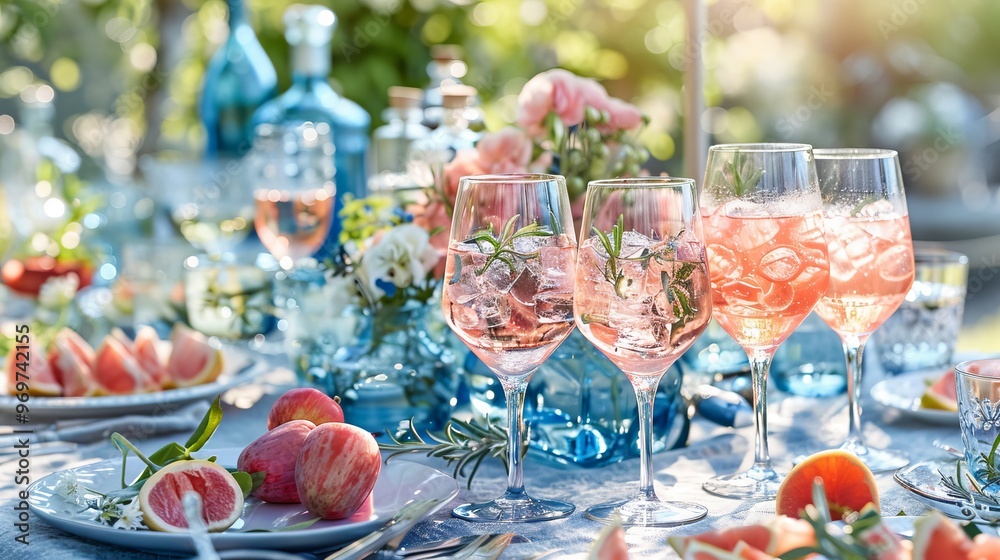 Summer Garden Party Table Setting with Pink Cocktails, Fresh Fruit, and Lush Greenery