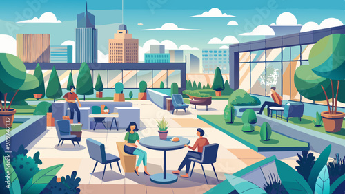 A city park with people sitting at tables and chairs