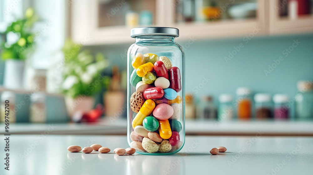 transparent glass pill-shaped capsule filled with colorful assorted fruits. Symbolizing health, vitality, and the fusion of nature with modern wellness transparent glass pill-shaped capsule filled with colorful assorted fruits. Symbolizing health, vitality, and the fusion of nature with modern wellness