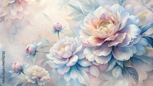 Soft pastel floral painting with peonies and copy space