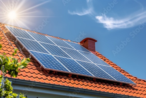 Residential Solar Panels on Red Tiled Roof Generating Renewable Energy for Eco Friendly Home
