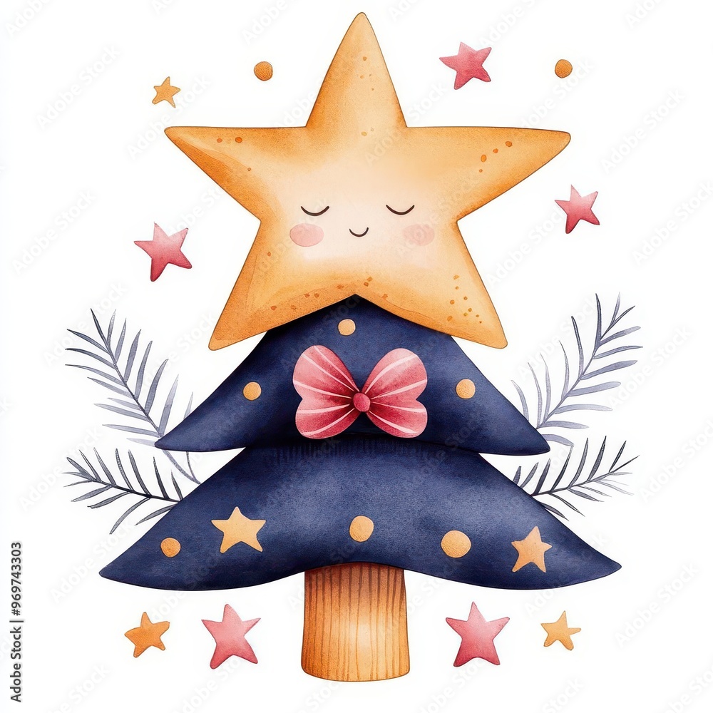 Whimsical illustration of a star topped Christmas tree, adorned with decorations and featuring a cheerful design. Whimsical illustration of a star topped Christmas tree, adorned with decorations and featuring a cheerful design.
