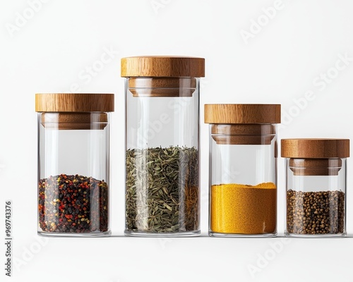 Minimalist Still Life Four Glass Jars with Wooden Lids Filled with Spices on White Background