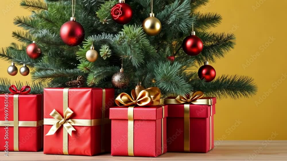 A vibrant Christmas scene featuring a decorated tree with colorful ornaments and beautifully wrapped presents underneath A vibrant Christmas scene featuring a decorated tree with colorful ornaments and beautifully wrapped presents underneath