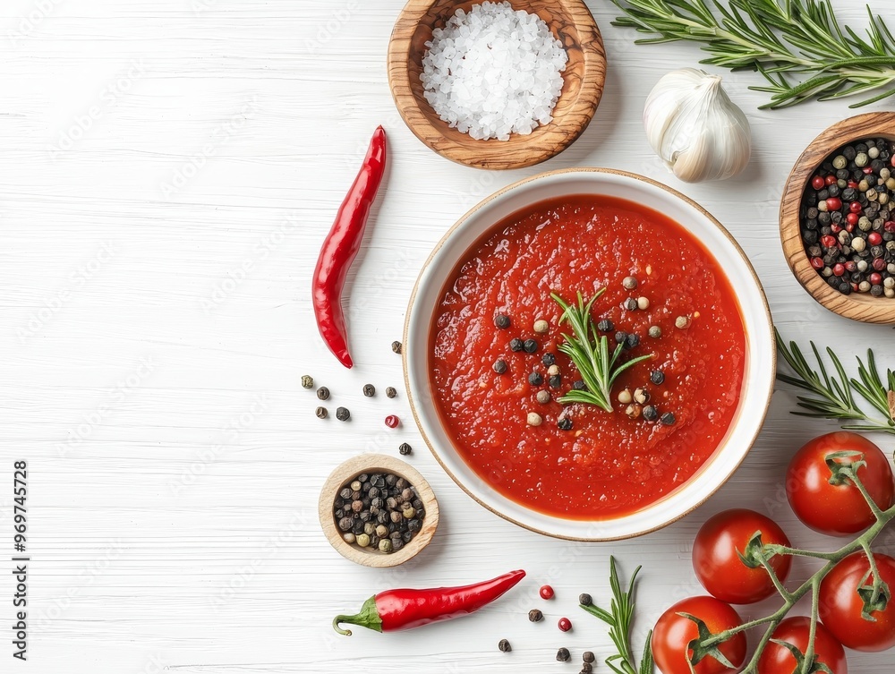 Top View of Tomato Sauce with Rosemary and Peppercorns on White Wood Background Top View of Tomato Sauce with Rosemary and Peppercorns on White Wood Background