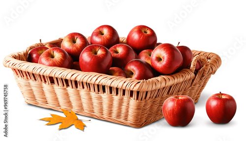 Apple harvest basket with leaveson a transparent background