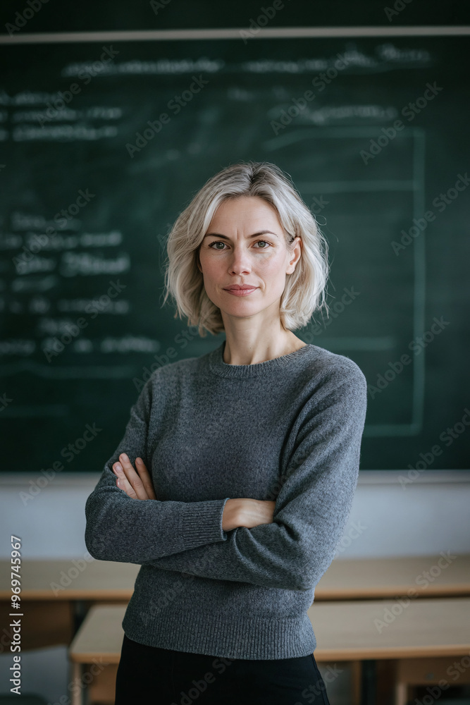 Experienced 40-year-old male teacher standing in front of a blackboard with arms crossed, exuding professionalism and leadership in an academic classroom setting, perfect for education concepts Experienced 40-year-old male teacher standing in front of a blackboard with arms crossed, exuding professionalism and leadership in an academic classroom setting, perfect for education concepts