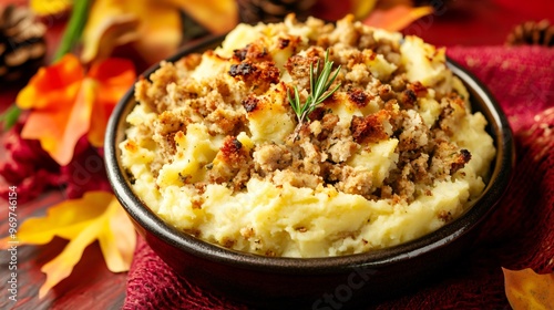 A close up of Thanksgiving stuffing and mashed potatoes on a vibrant red and gold background with colorful autumn leaves scattered around